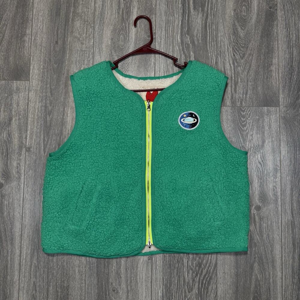 Easy Clothes Womens Josie Vest Reversible Sherpa Neon Green Ecru OS Zip Retro